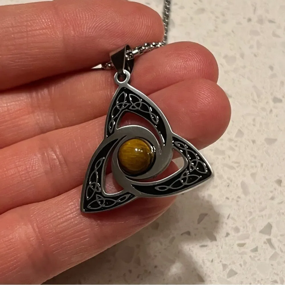 Viking Trinity Knot Necklace Stainless Steel Tiger Eye Witch‎ Irish Celtic